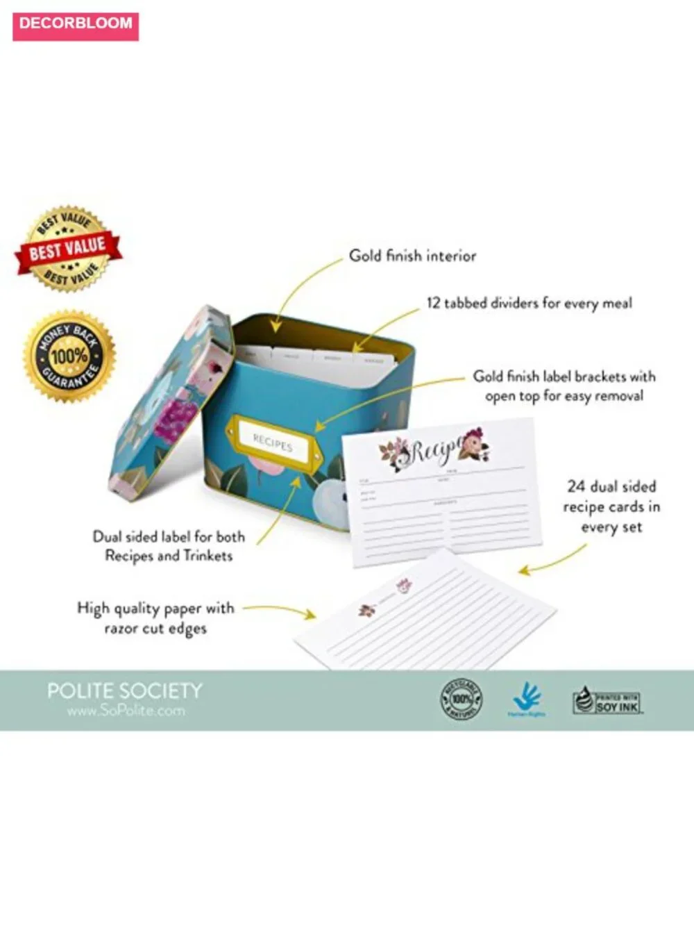 Recipe Cards and Tin Box Set 4x6 Dividers Metal Organizer 24 Cards